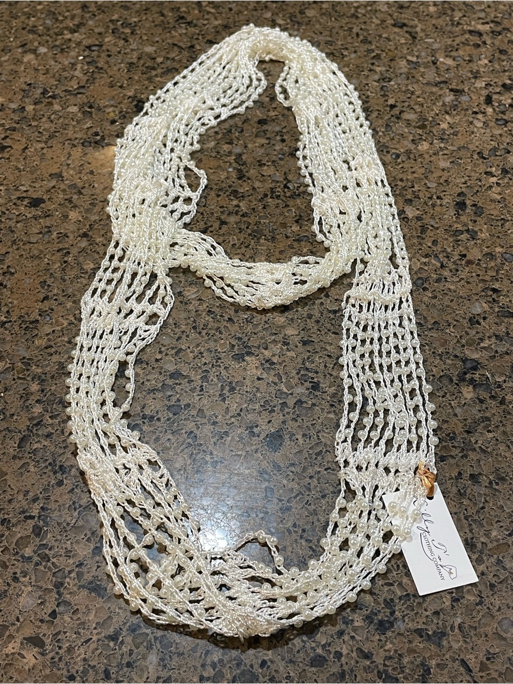 Beachy Coastal Multi Strand Crocheted Cream Off White Faux Pearl Necklace Scarf